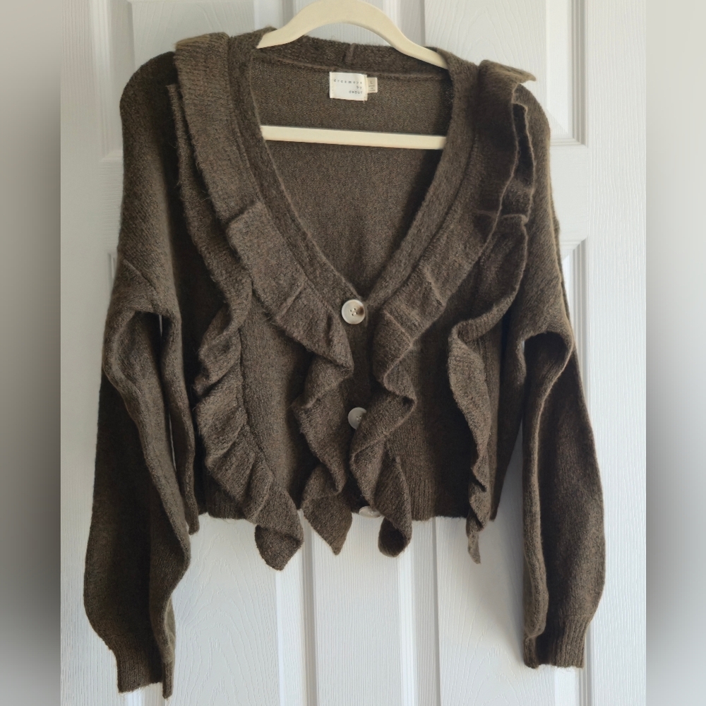 Elegant Ruffled Cardigan in Rich Brown